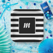Monogramm Schwarzweiß-Streifen Pappteller (Party)