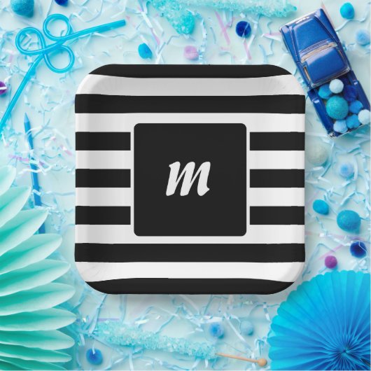 Monogramm Schwarzweiß-Streifen Pappteller (Party)