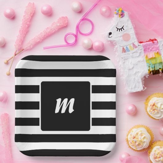 Monogramm Schwarzweiß-Streifen Pappteller (Party)