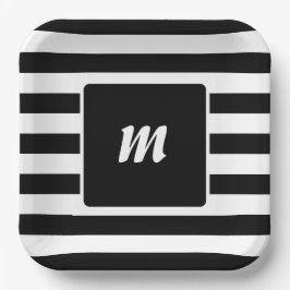 Monogramm Schwarzweiß-Streifen Pappteller