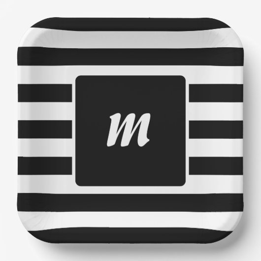Monogramm Schwarzweiß-Streifen Pappteller (Vorderseite)