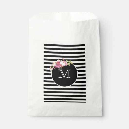 Monogramm Schwarzweißstreifen mit Blume Geschenktütchen (Vorderseite)