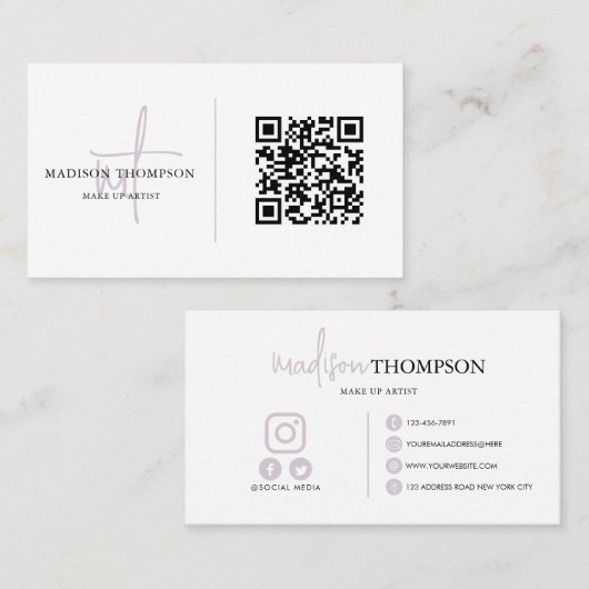 Monogramm Script Typografie Pale Lavender QR-Code Visitenkarte (Vorne/Hinten)