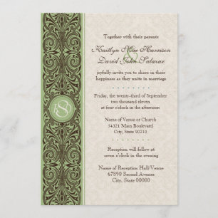 Monogramm Scroll Border (Braun, Sage & Cream) Einladung