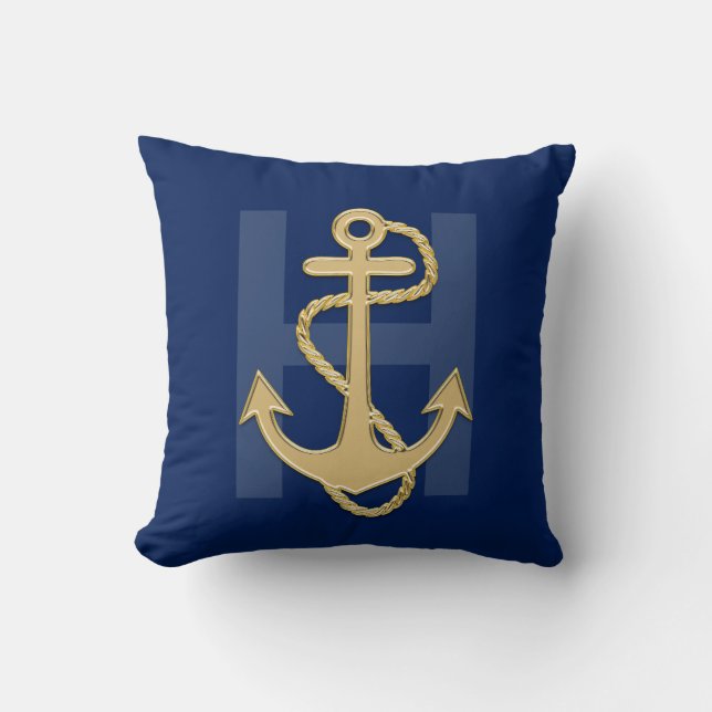 Monogramm-Seemarine-Blau-Goldanker-Seil Kissen (Vorderseite)