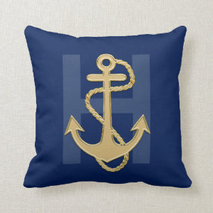 Monogramm-Seemarine-Blau-Goldanker-Seil Kissen
