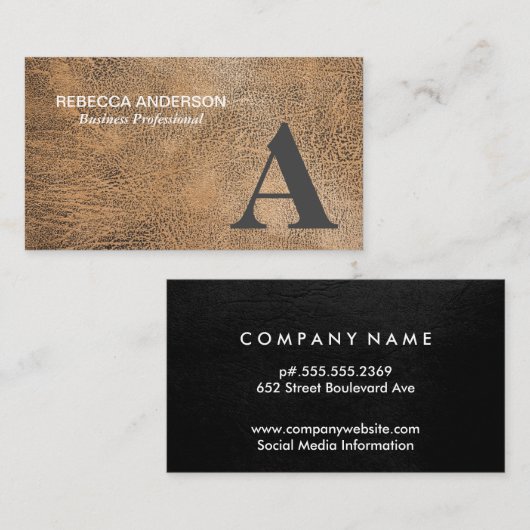 Monogramm Seriengrau, braunes Leder Visitenkarte (Vorne/Hinten)