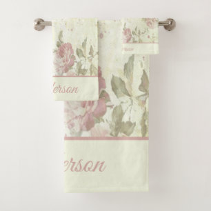 Monogramm Shabby Chic Rosa Grüne Rose Badhandtuch Set