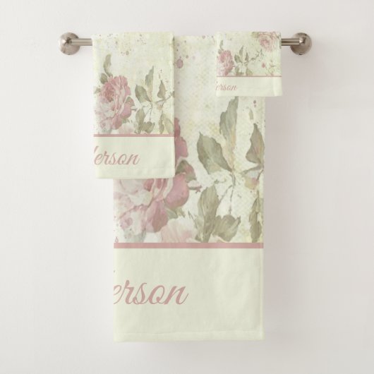 Monogramm Shabby Chic Rosa Grüne Rose Badhandtuch Set (Insitu)