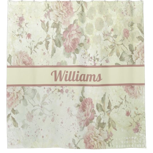 Monogramm Shabby Chic Rosa Grüne Rose Duschvorhang (Vorderseite)