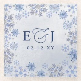 Monogramm Silber Blaue Schneeflocken Winterhochzei Glasuntersetzer