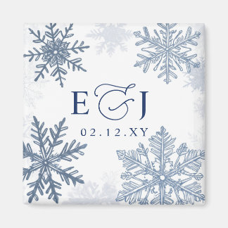 Monogramm Silber Blaue Schneeflocken Winterhochzei Magnet