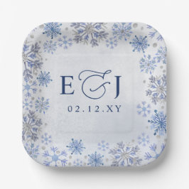 Monogramm Silber Blaue Schneeflocken Winterhochzei Pappteller