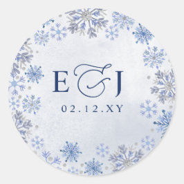Monogramm Silber Blaue Schneeflocken Winterhochzei Runder Aufkleber