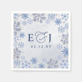 Monogramm Silber Blaue Schneeflocken Winterhochzei Serviette