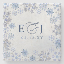 Monogramm Silber Blaue Schneeflocken Winterhochzei