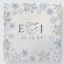 Monogramm Silber Blaue Schneeflocken Winterhochzei Steinuntersetzer
