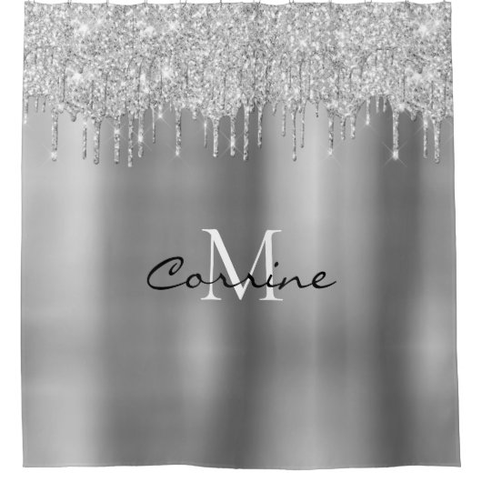 Monogramm Silber Drift Glitzer Metallisches Platin Duschvorhang (Vorderseite)