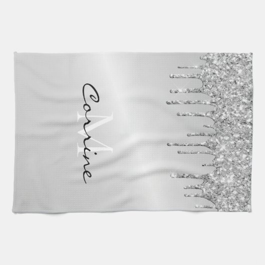 Monogramm Silber Drift Glitzer Metallisches Platin Geschirrtuch (Horizontal)