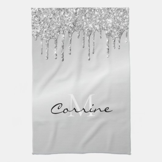 Monogramm Silber Drift Glitzer Metallisches Platin Geschirrtuch (Vertikal)