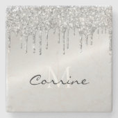 Monogramm Silber Drift Glitzer Metallisches Platin Steinuntersetzer (Vorderseite)