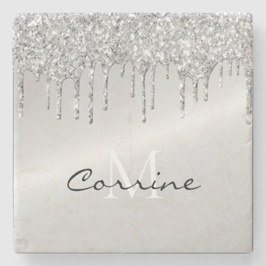 Monogramm Silber Drift Glitzer Metallisches Platin Steinuntersetzer (Vorderseite)
