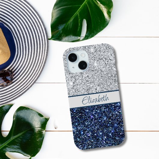 Monogramm Silber Dunkelblauer Glitter Trend Chic Case-Mate iPhone Hülle
