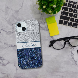 Monogramm Silber Dunkelblauer Glitter Trend Chic  iPhone 15 Hülle