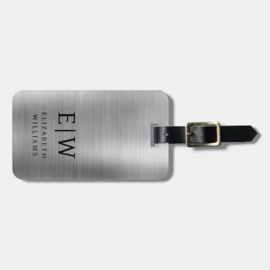 Monogramm Silber gebürstet Metallic Elegant Gepäckanhänger (Vorderseite horizontal)