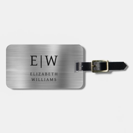 Monogramm Silber gebürstet Metallic Elegant Gepäckanhänger (Vorderseite horizontal)