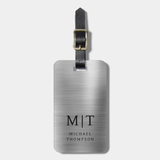 Monogramm Silber gebürstet Metallic Elegant Gepäckanhänger (Vorderseite vertikal)