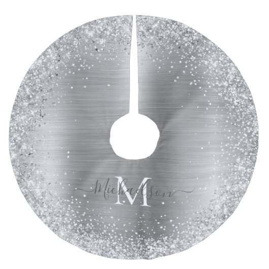 Monogramm Silber Glitter Girly Glam Polyester Weihnachtsbaumdecke (Vorderseite)