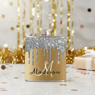 Monogramm Silber Glitter Tropfen Girly Funkeln Fla Flachmann