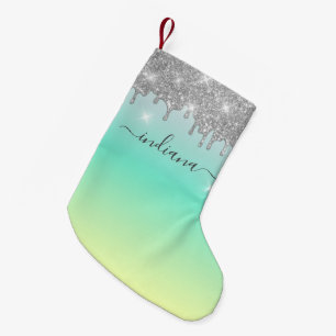 Monogramm Silber Glitter Türkis Ombre Name Kleiner Weihnachtsstrumpf