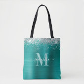 Monogramm Silber-Glitzer Aqua Aquamarine Folie Tasche (Vorderseite)