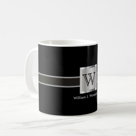 Monogramm Silber, Grau und Schwarz Kaffeetasse (Vorderseite Links)
