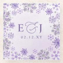 Monogramm Silber Lila Schneeflocken Winterhochzeit