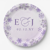 Monogramm Silber Lila Schneeflocken Winterhochzeit