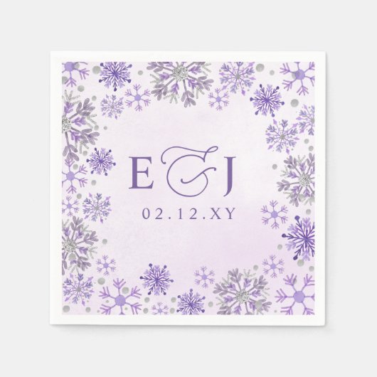 Monogramm Silber Lila Schneeflocken Winterhochzeit Serviette (Vorderseite)