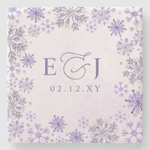 Monogramm Silber Lila Schneeflocken Winterhochzeit