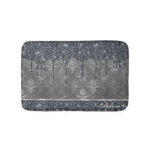 Monogramm Silber Metallischer Glitzer Grau Damast Badematte