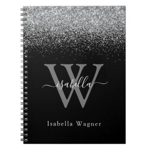 Monogramm Silber schwarz Glitter elegantes Skript Notizblock