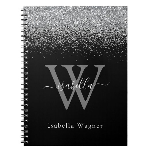 Monogramm Silber schwarz Glitter elegantes Skript Notizblock (Vorderseite)