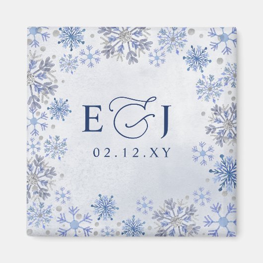 Monogramm Silberblaue Schneeflocken Winterhochzeit Magnet (Vorne)