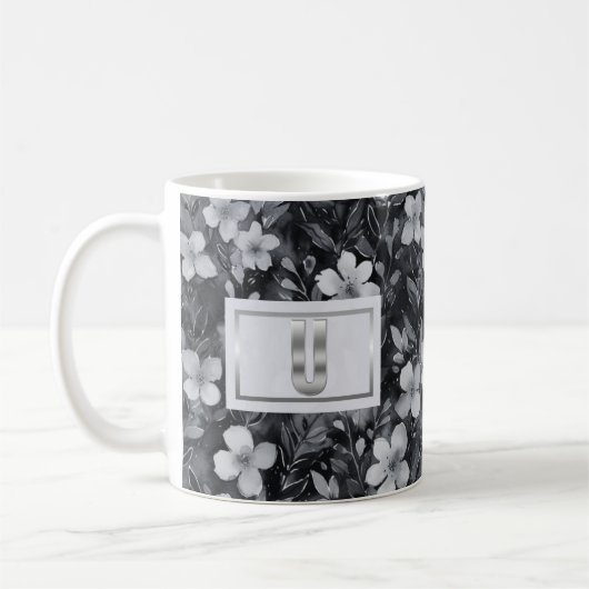 Monogramm Silberbuchstabe Blumenaquarell Kaffeetasse (Links)