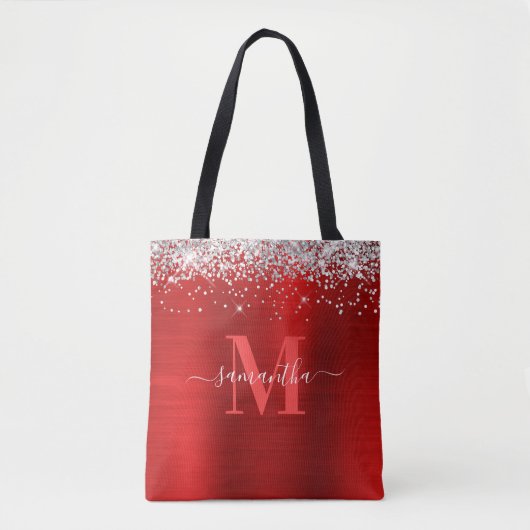 Monogramm Silberer Glitzer Roter Streifen Tasche (Vorderseite)