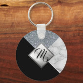 Monogramm - Silberner Glitzer, Schwarz und Marmor Schlüsselanhänger (Vorderseite)