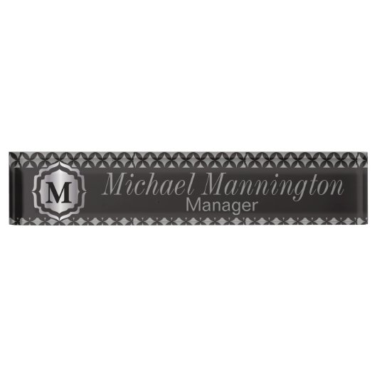 Monogramm-silbernes Grau-Muster Namensplakette (Vorderseite)