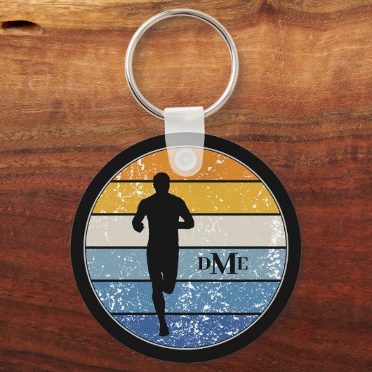 Monogramm Silhouette Runner Retro Strip Schlüsselanhänger (Vorderseite)
