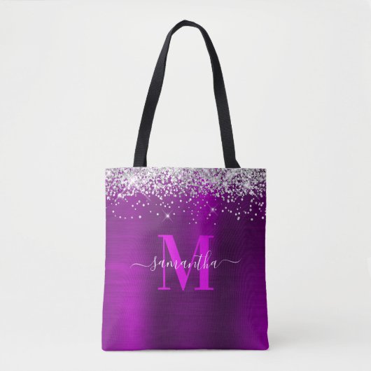 Monogramm Silver Glitzer Magenta Lila Tasche (Vorderseite)